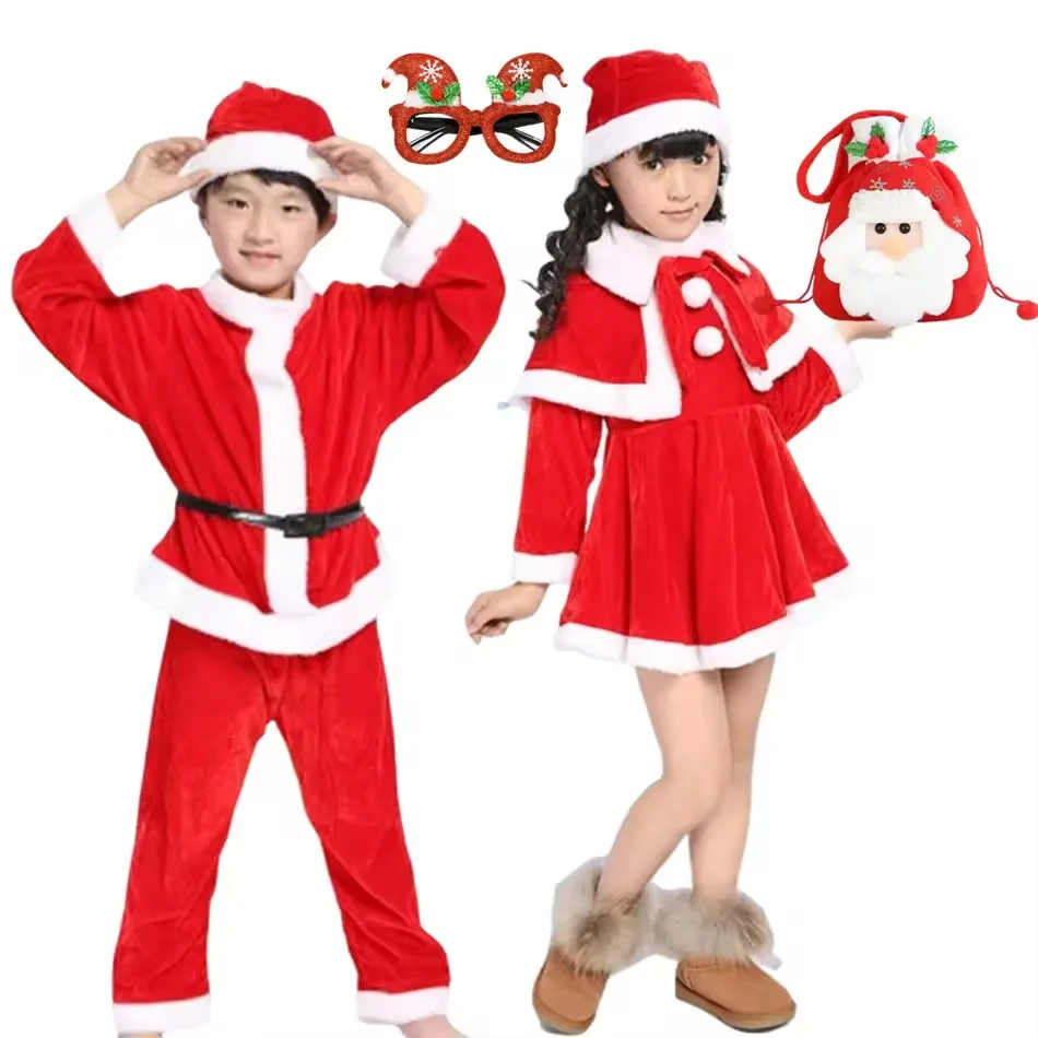 

Рождественские костюмы для девочек и мальчиков, красный костюм Санта-Клауса, праздничные комплекты для косплея на Хэллоуин, рождественская детская одежда