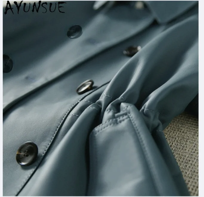 AYUNSUE 진짜 가죽 자켓 여성 가을 ​​옷 중간 길이 트렌치 코트 양피 여성 코트 더블 브레스트 Jaqueta De Couro