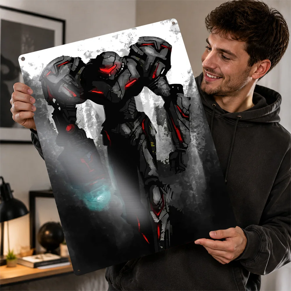 Metroid Samus 3D Texture Metal Poster Customized Wall Art Tin Sign Gift for Mancave Room Decorations Garage Accessories House