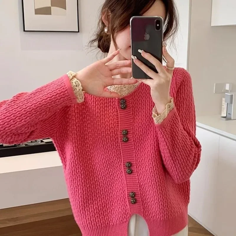 

French Lace Patchwork Women Knit Cardigan 2025 SS AW New Loose Fit Button Front Solid Warm Outerwear Elegant Vintage