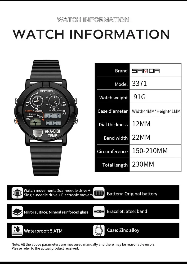 SANDA SD3371 Men's Leisure  Watch Multifunctional Thermometer Stopwatch Timing Men's Electronic Watch