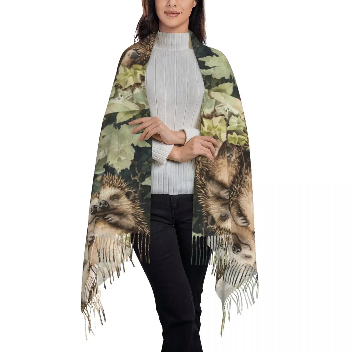 Hedgehogs Autumn Leaves Designed Scarf Tassel Scarves for Women Soft Warm Shawls and Wraps Long Fall Winter Shawl Wrap