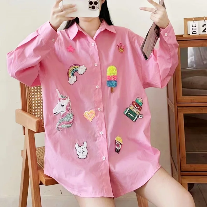 

Oversized Women Shirt Cute Lovely Cartoon Sequined Appliques Pink Blouse Long Shirts Loose Young Ladies Party Shirts NZ331