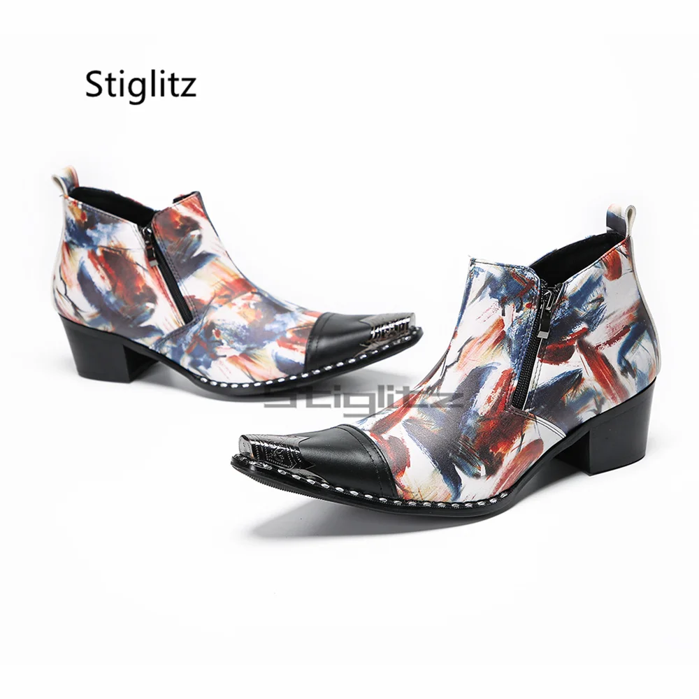 Men's Graffiti Print Ankle Chelseaboots Pointed Metal Toe Side Zipper Block Heel Western Cowboy Boots Botas Hombre Male Shoes