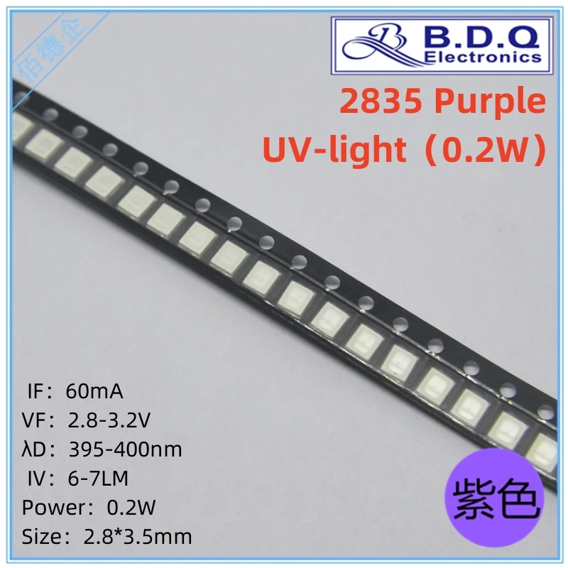 100Pcs SMD LED 2835 0.2W Purple UV-Light 390-400nm LED Lamp Beads  Size 2835 Light-emitting Diode High Bright Quality