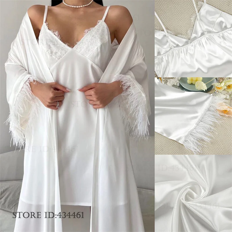 

Elegant White Feather Wedding Robe Dress Set Sexy Patchwork Lace Nightgown Bathrobe Loungewear Summe New Women Lingerie Homewear