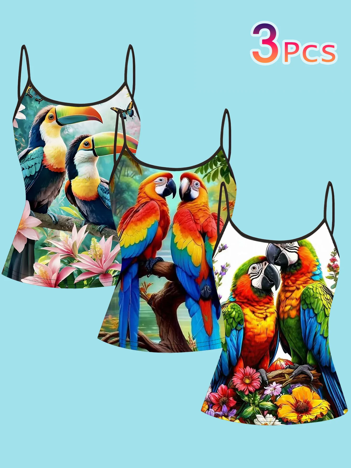 3-Pack Tropical Parrot and Toucan Print Camisole for Women, Colorful Floral Slim-Fit Sleeveless Summer Base Camisole