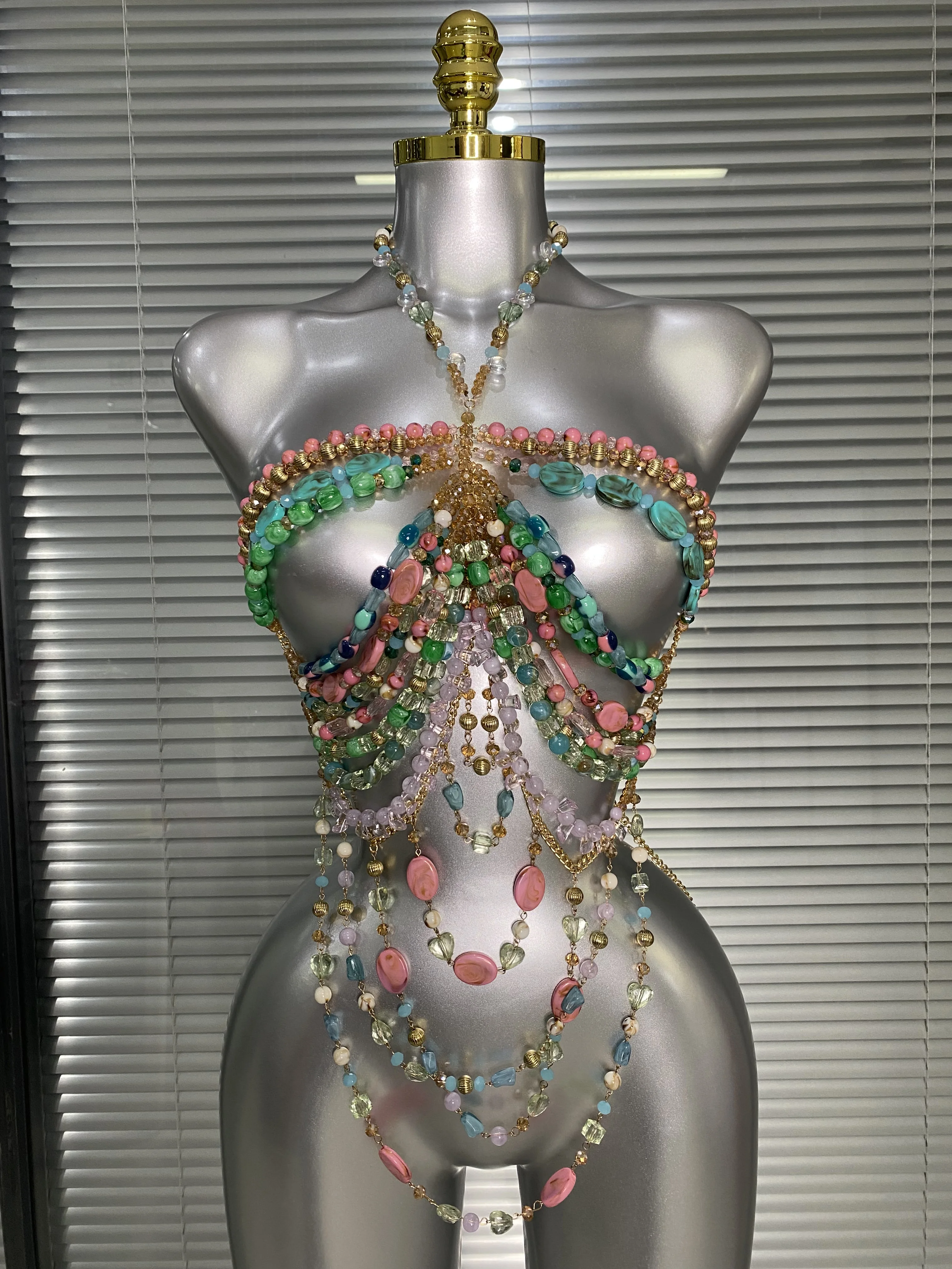 Crystal Rhinestone Tassel Body Chain Harness Bra for Women Multi-layer Shiny Gemstone Body Jewelry Sexy Halter Neck Bikini Chest