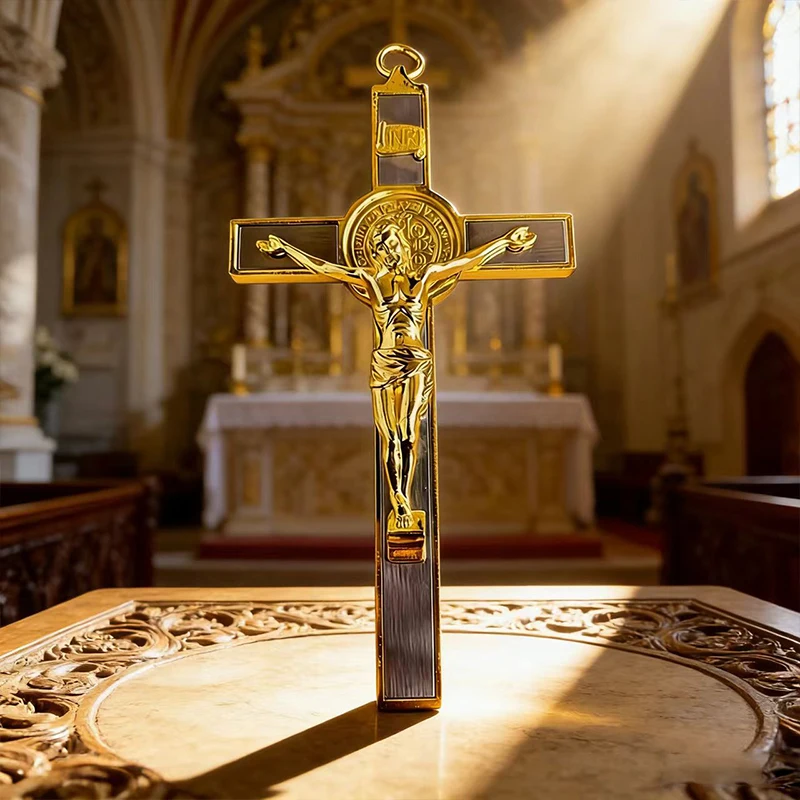 New 2026 Elegant Two-Tone Gold and Silver Plated Catholic St Benedict Crucifix with INRI for Faithful Devotees and Church Use