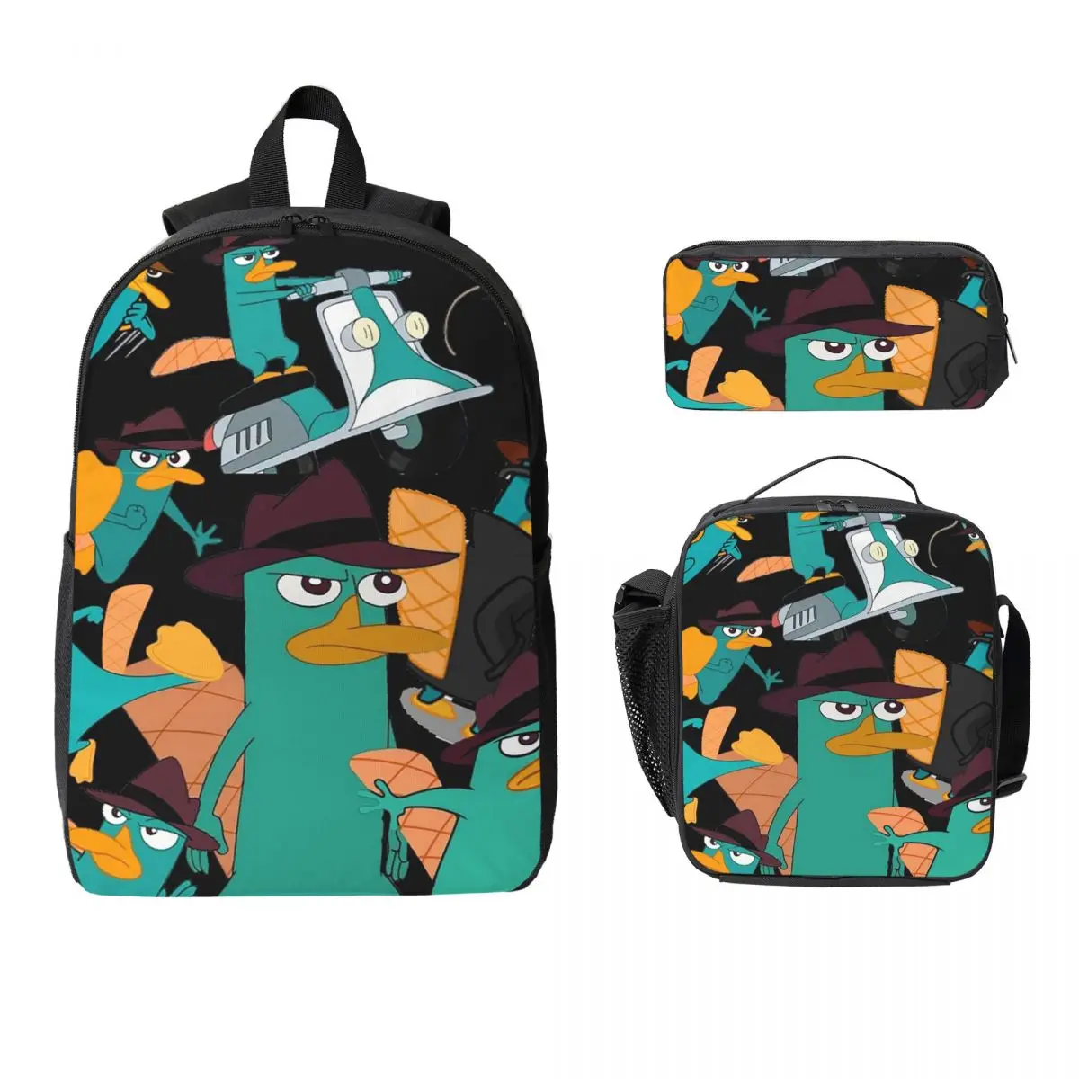 

Perry The Platypus Phineas And Ferb Backpack Student Boys Girls BookBag School Bag 3ps Insulated Lunch Bag Pencil Case