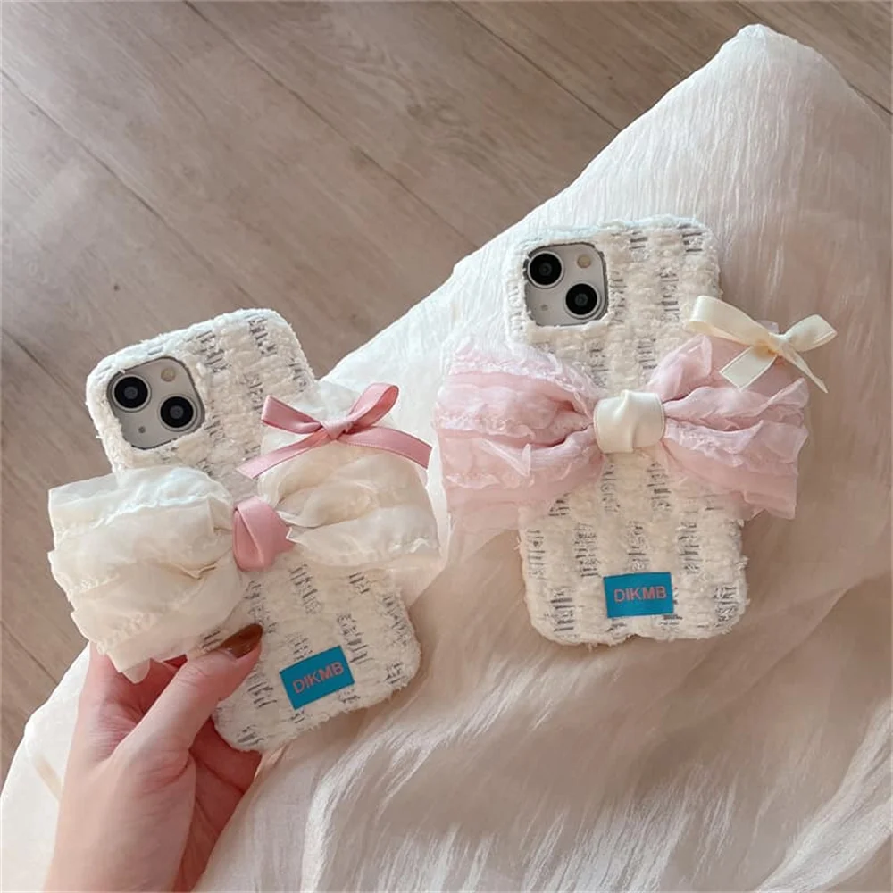 Korea Cartoon Ins 3D Lace bowknot Phone Case For iPhone 18 Pro 14 15 16 17 Pro Max Cover Shockproof Cute Plush Cases 18 Promax