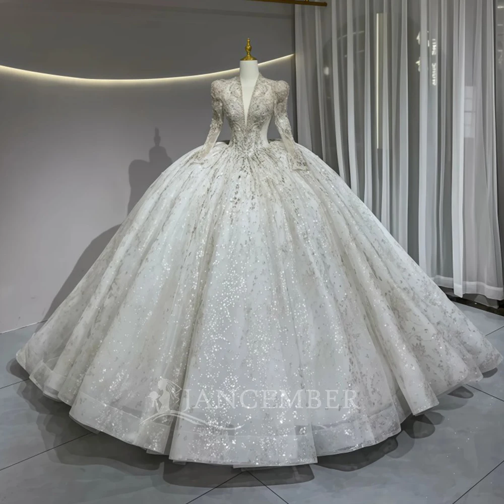 カスタムメイドの豪華なアイボリー色のロングスリーブウェディングドレス、Vネック、クリスタルビーズをあしらったブライダルプリンセスボールドレス、ウェディングドレス（vestidos de novia boda）
