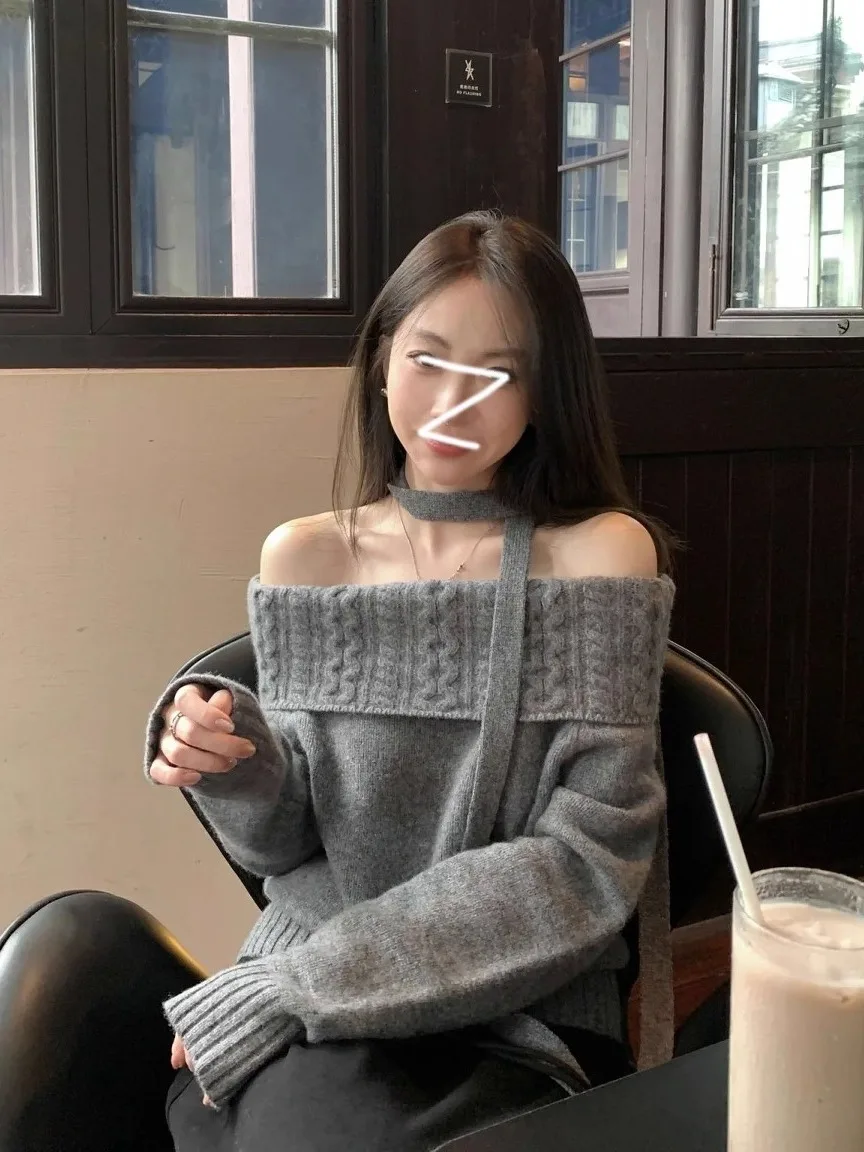 

Ele одно плечо вязаный свитер с длинными рукавами женский модный дизайн Ne Hanging Sa универсальный осенне-зимний топ