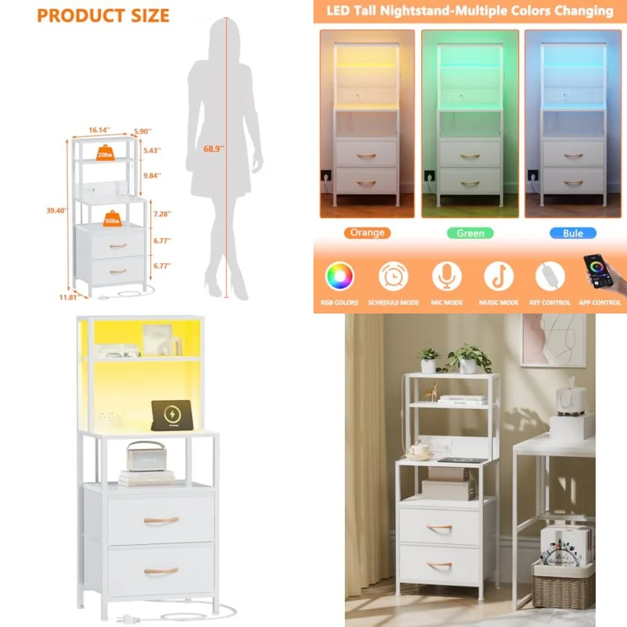 Furnulem Night Stand, Tall Nightstand with 4-Tier Shelves, PU Fabric s and Led Lights, Bed Side Tables with Charging Station, B