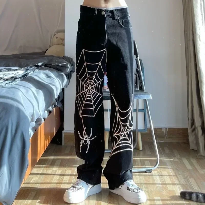 Korean Hiphop Streetwear Women Jeans Spring New Straight Pants Y2K Vintage Loose Oversize Print Casual Wide Leg Trousers