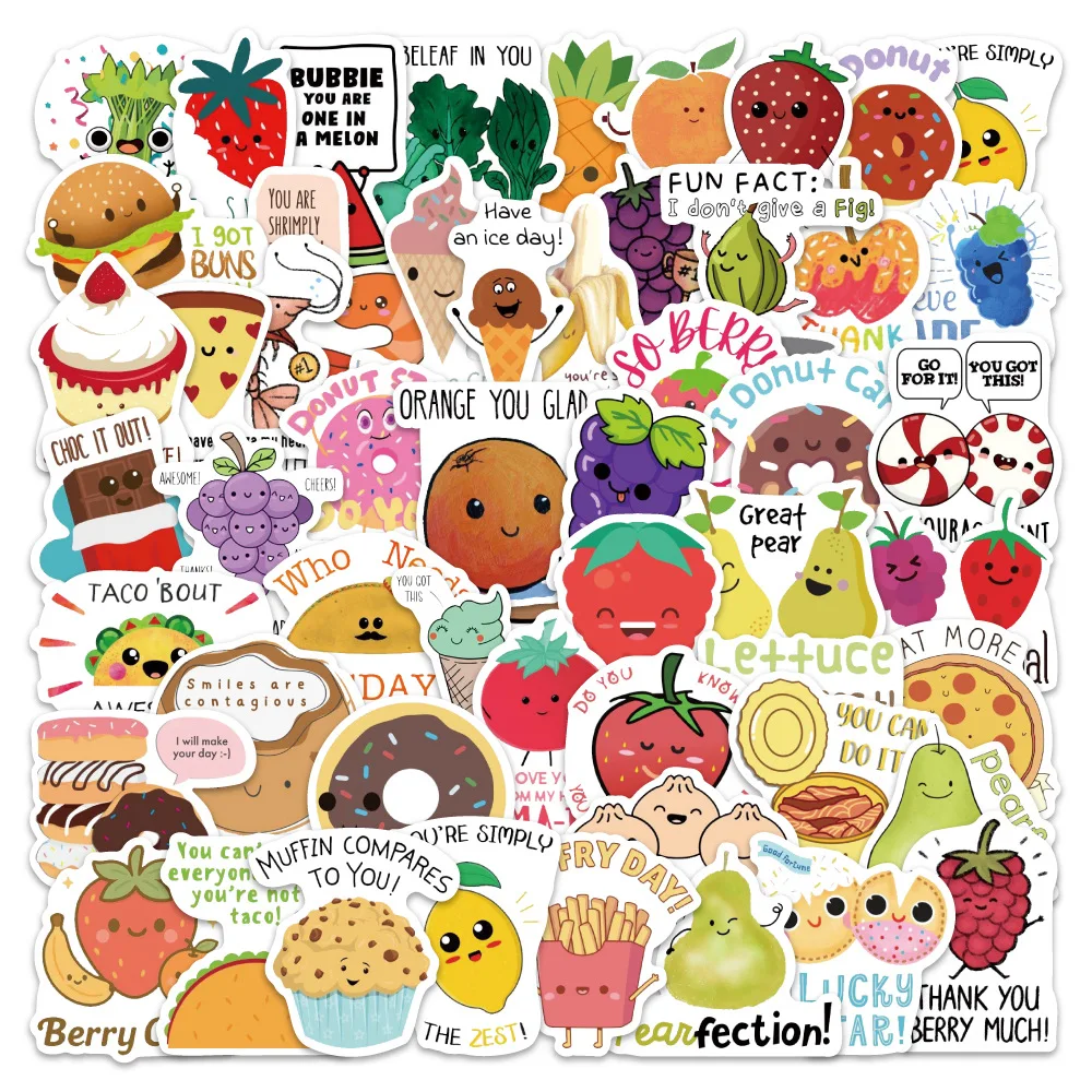 

60PCS Fun Food Inspirational Introduction English Slogan DIY Decorative Suitcase Mobile Case Waterproof Sticker Kids Toy