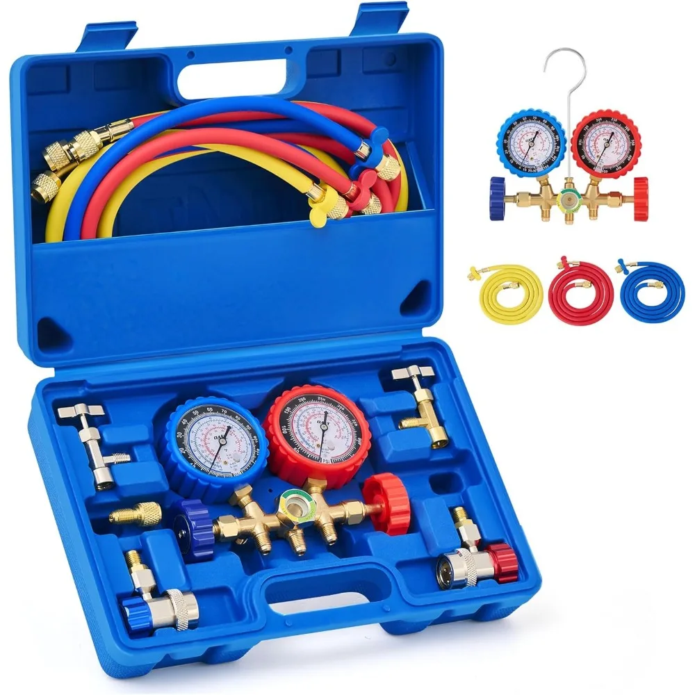

AC Manifold Gauge Set for R134a R12 R502 Refrigerant with 5FT Hoses Couplers Adapter and Can Tap Freon Charge Kit