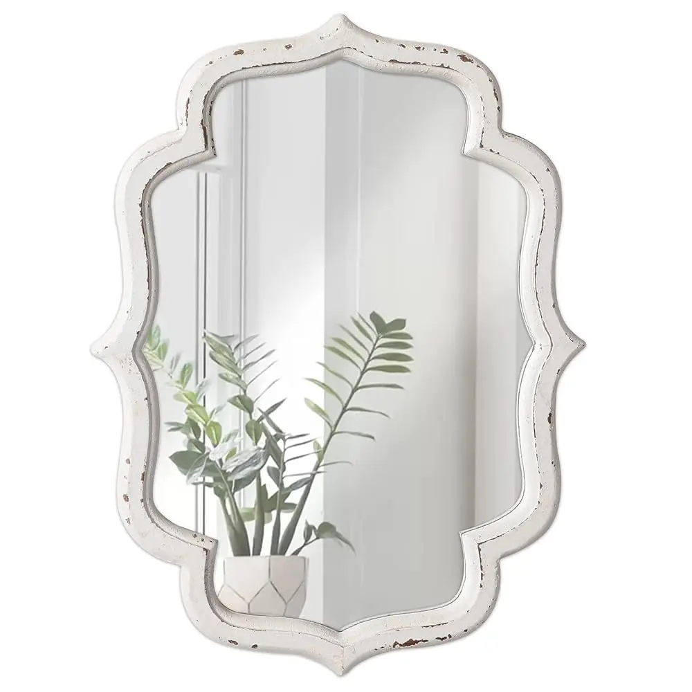 

Vintage Small Scalloped Wall Mirror Decorative 16\ x 12\, Hanging Rustic Distressed White Bathroom Mirrors for Vanity, Farmho