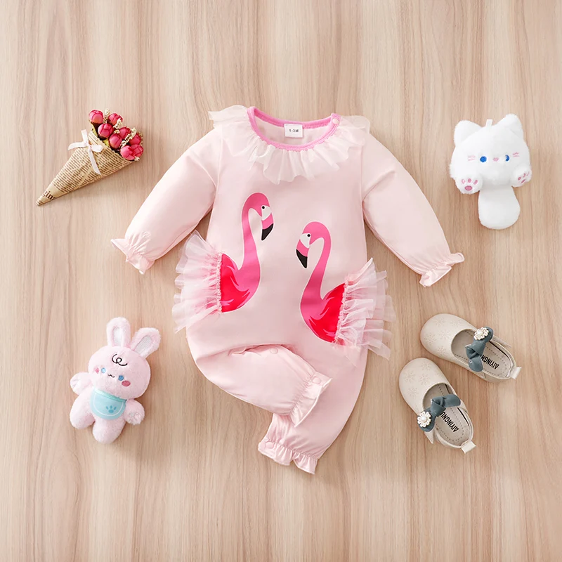 Baby Girl Long Sleeve Romper Flamingo Print Tulle Ruffle Neck Cuffs Jumpsuit Newborn Autumn Outfit 0-24M