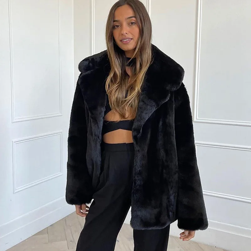 

Autumn Winter Faux Fur Coat for Women, Mid-length Thickened Warm Rabbit Fur Coat, Soft Fluffy Eco-friendly Fur