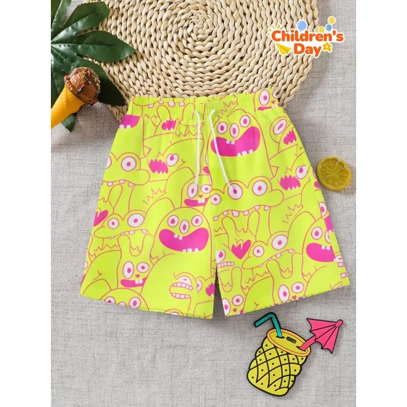 

Fluorescent Green Cartoon Monster Casual Fashion Shorts, Summer Quick Drying Beach Pants, Sports Five Quarter Pants