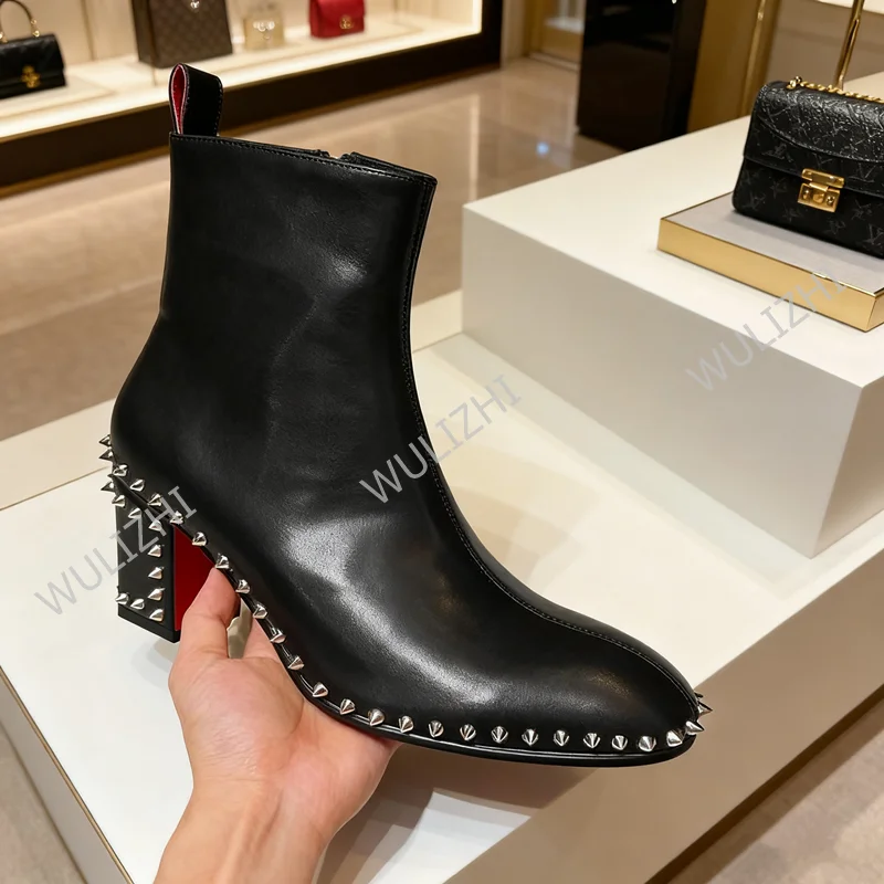 

Men's Black Rivet-Trimmed Boots Ankle Zip Round Toe Low-Heeled Block Heels Red Genuine Leather White Patent Leather Party Shoes