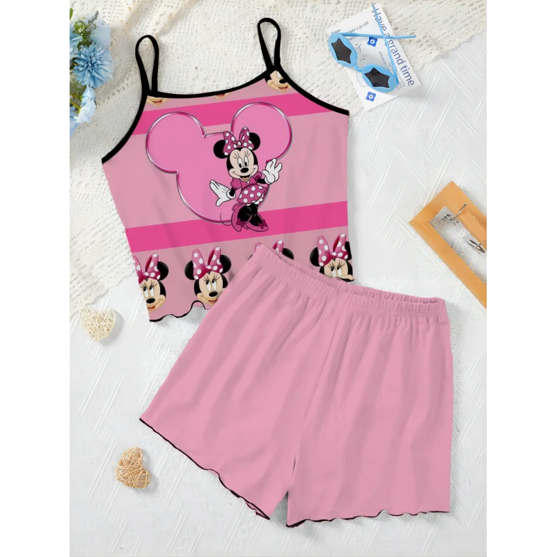 

Disney Minnie Mouse Women's Suit Slip Dress Pajama Skirt Mickey Top Lettuce Trim T-shirt Short Sets Pieces Elegant Disney Mickey