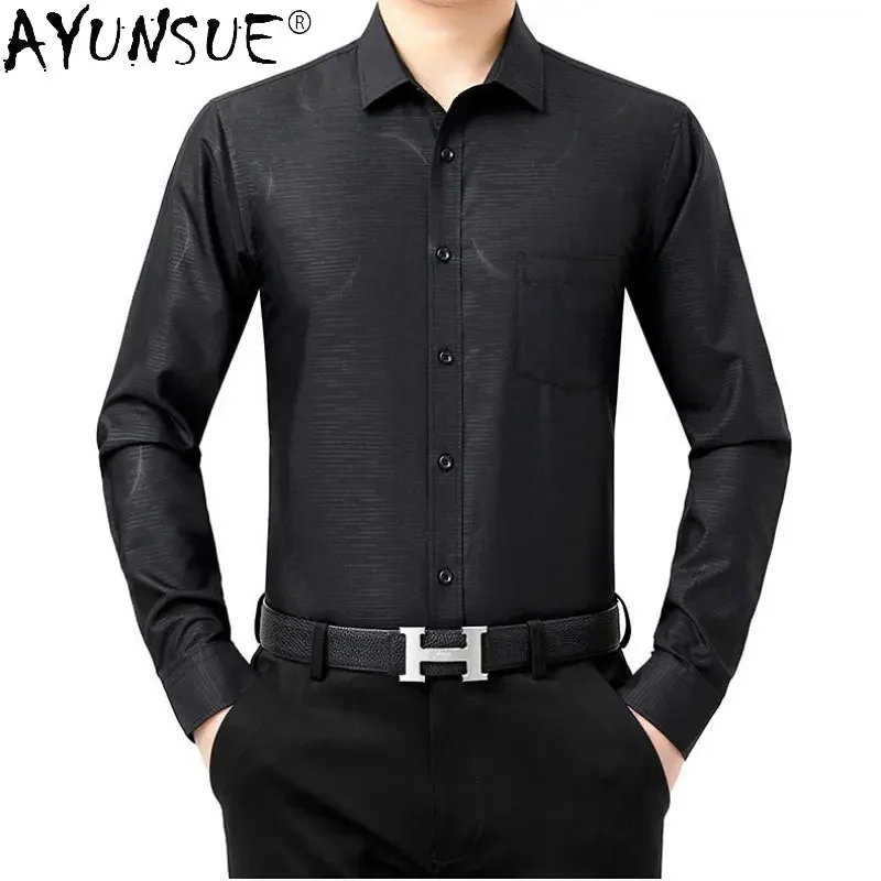 100% AYUNSUE Silk s for 2024 Spring Long Sleeve Men Clothing Casual Business Man Shirt Tops Camisa Masculina