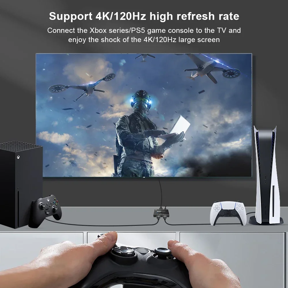 HDMI2.1 8K الجلاد 2 في 1 خارج 8K @ 60 هرتز 4K @ 120 هرتز HDMI التبديل 1080P محول الصوت والفيديو محول ل PS5 Xbox PC إلى TV العارض