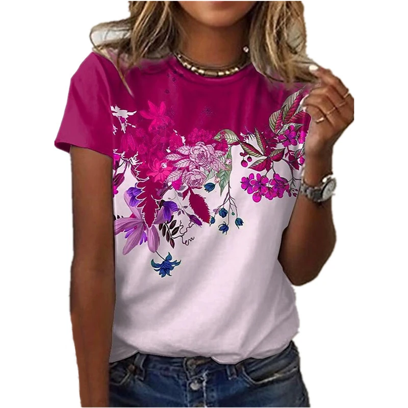 Fashion Artistic Flower Pattern T-shirt Women Summer Leisure Y2k Graphic Tee Female Casual Elegant Short-sleeved O-neck Tee Tops