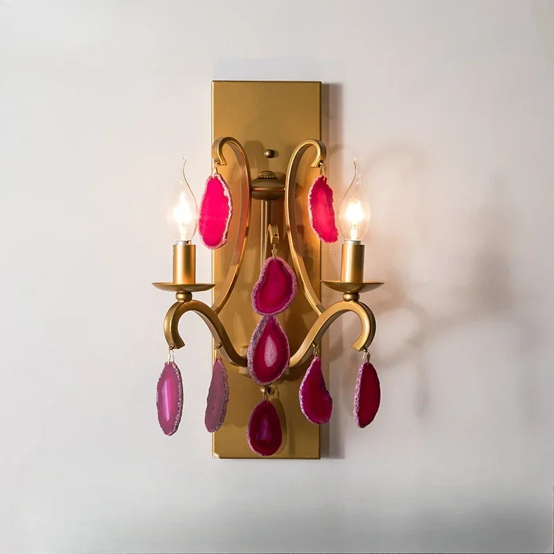 Romantic Pink Agate LED Wall Lamp Vintage Gold Antique Sconce for Bedroom Hallway Nordic Loft Decor