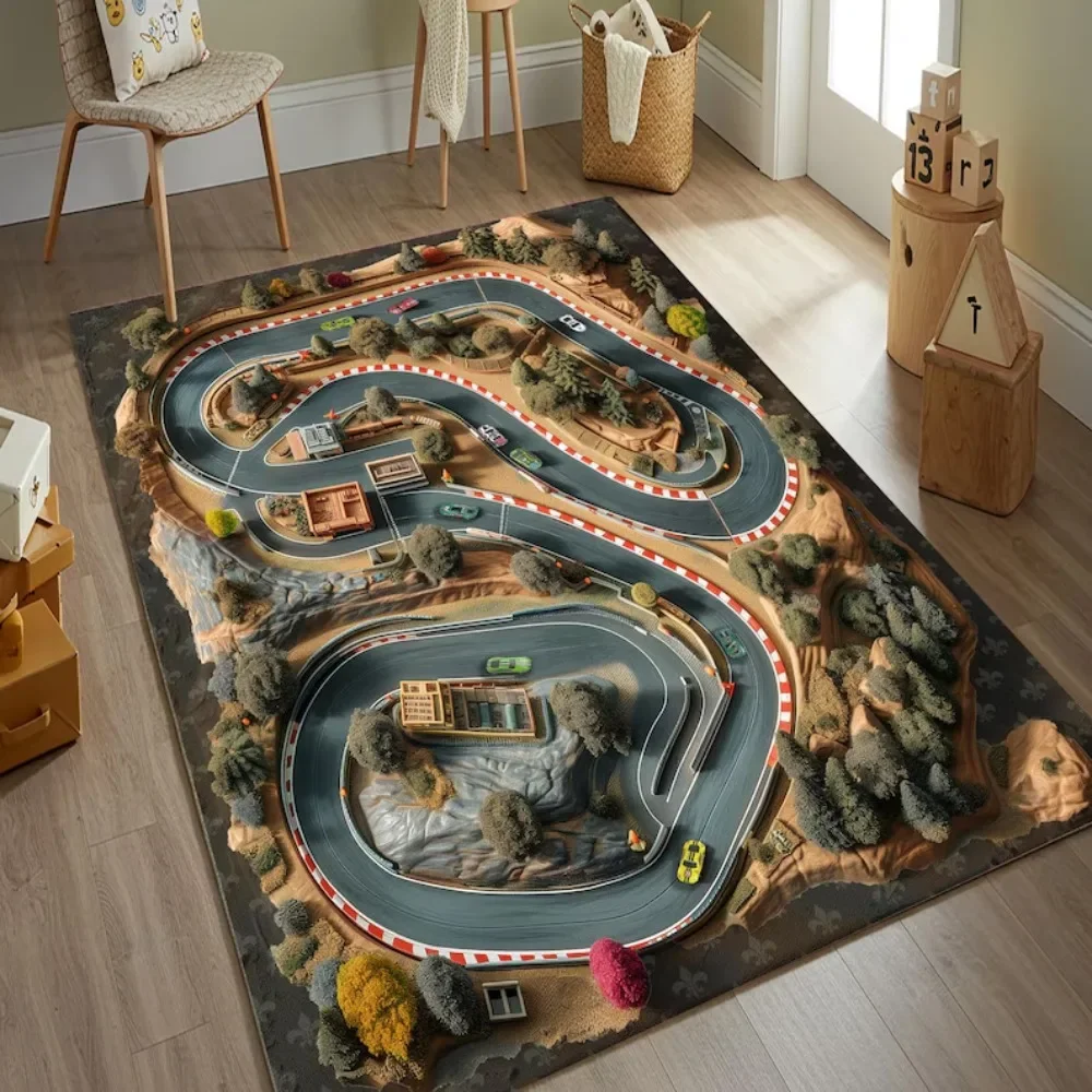 Kids Racing Track Carpet Mat Rug Home Decoration Car Theme Game Floor Area Rug Children Bedroom Playroom Sport Pattern Carpet