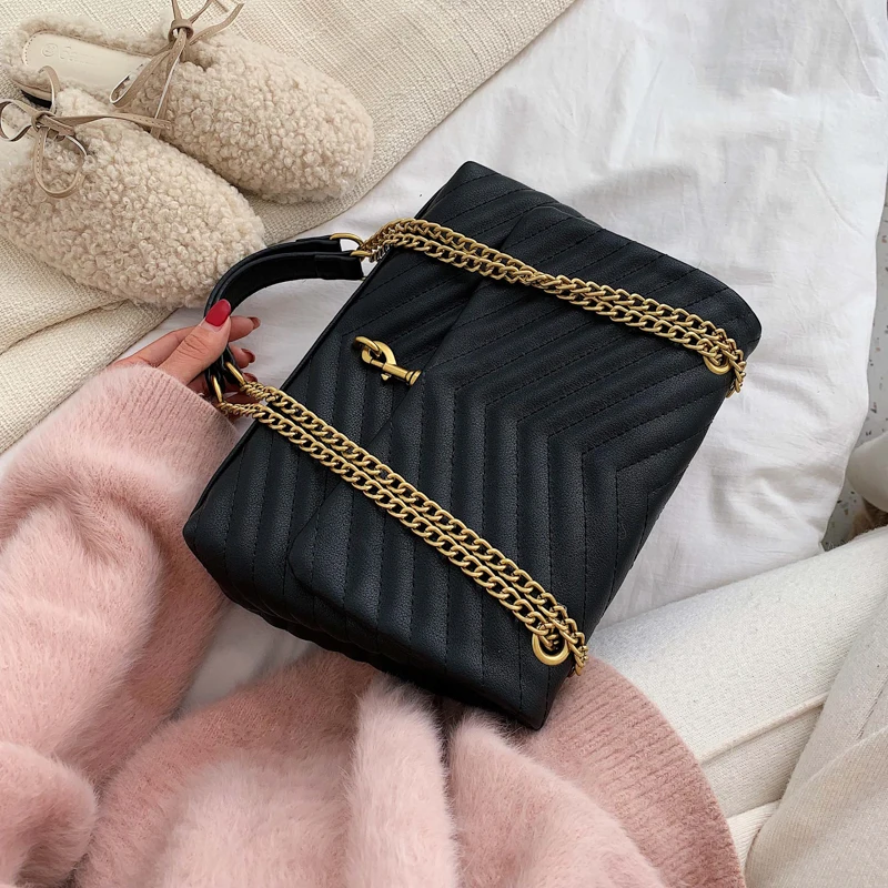 Solid Color PU Crossbody Bag 2023 New Ladies Exquisite Lock Spacing Layered Chain Shoulder Bags Elegant Luxury Classic Handbag