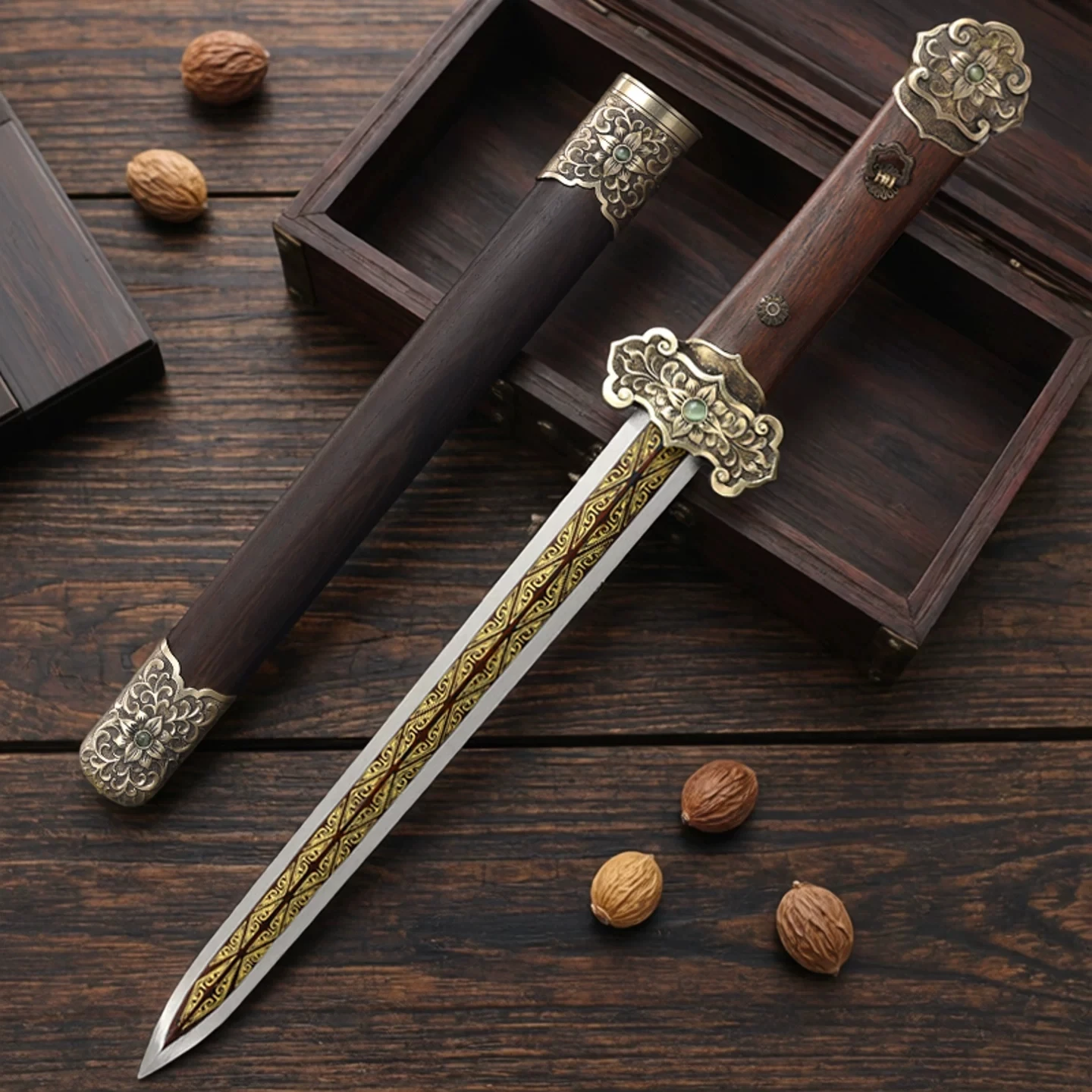 Handmade 57cm Sky Pierc Small Tang Jian Sword Manganese Steel Short Blade Antique Bronze Alloy Fittings Solid Rosewood Saya Mini view 3