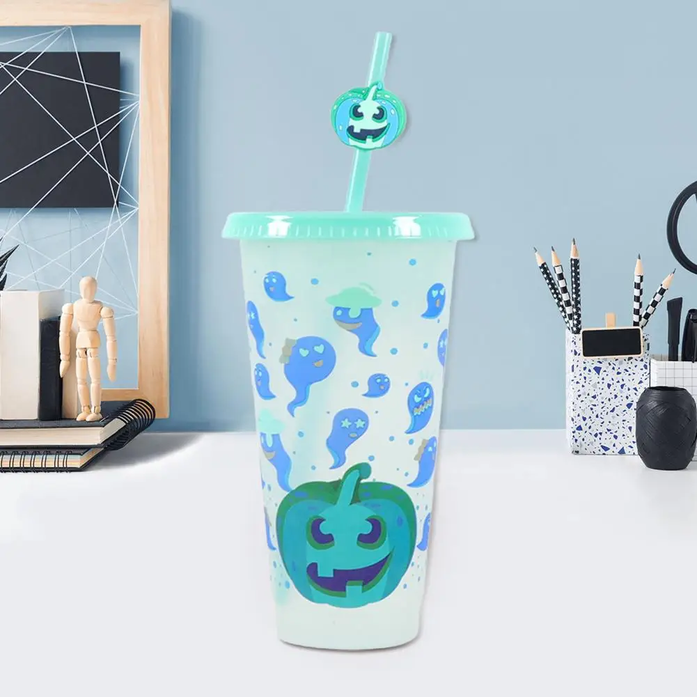 Drop-resistant Straw Cup Color Changing Halloween Water Cup Set with Straws 710ml Food-grade Leak-proof for Family for Spooky