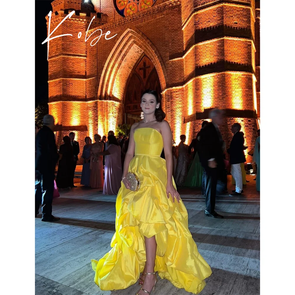 

Kobe Yellow High-low Prom Dresses Strapless Sleeveless Customized فساتين سهرات Court Train Elegant vestido de gala noche mujer