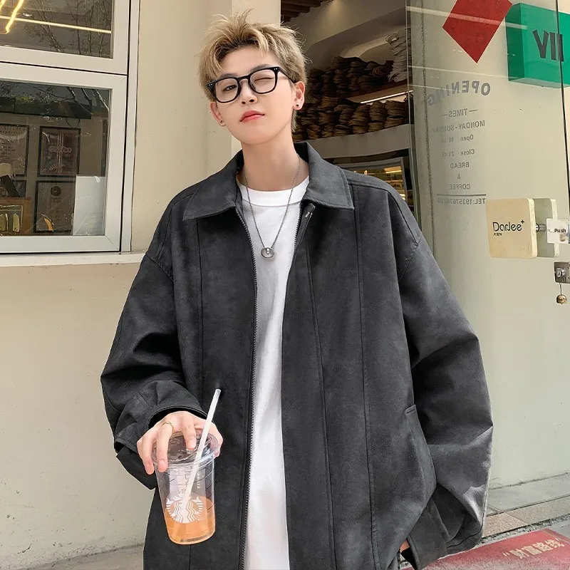 

American Retro Jaet Men's Spring Autumn Loose Casual Youth Leather Coat Thiened Long Sve Zipper Closure No Hat Design