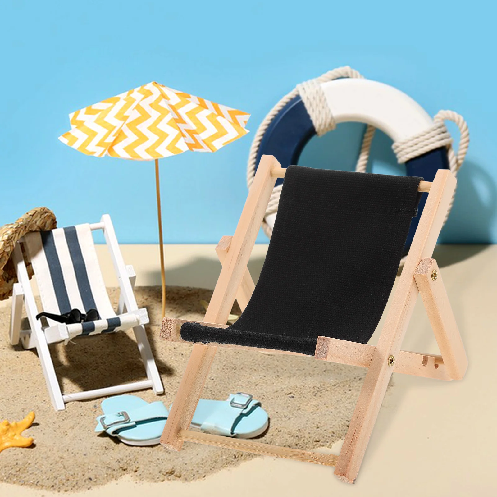 Mini silla de playa plegable de Color negro, modelo de sillón, muebles de juguete en miniatura de madera, decoración de micropaisaje, simulación de hogar