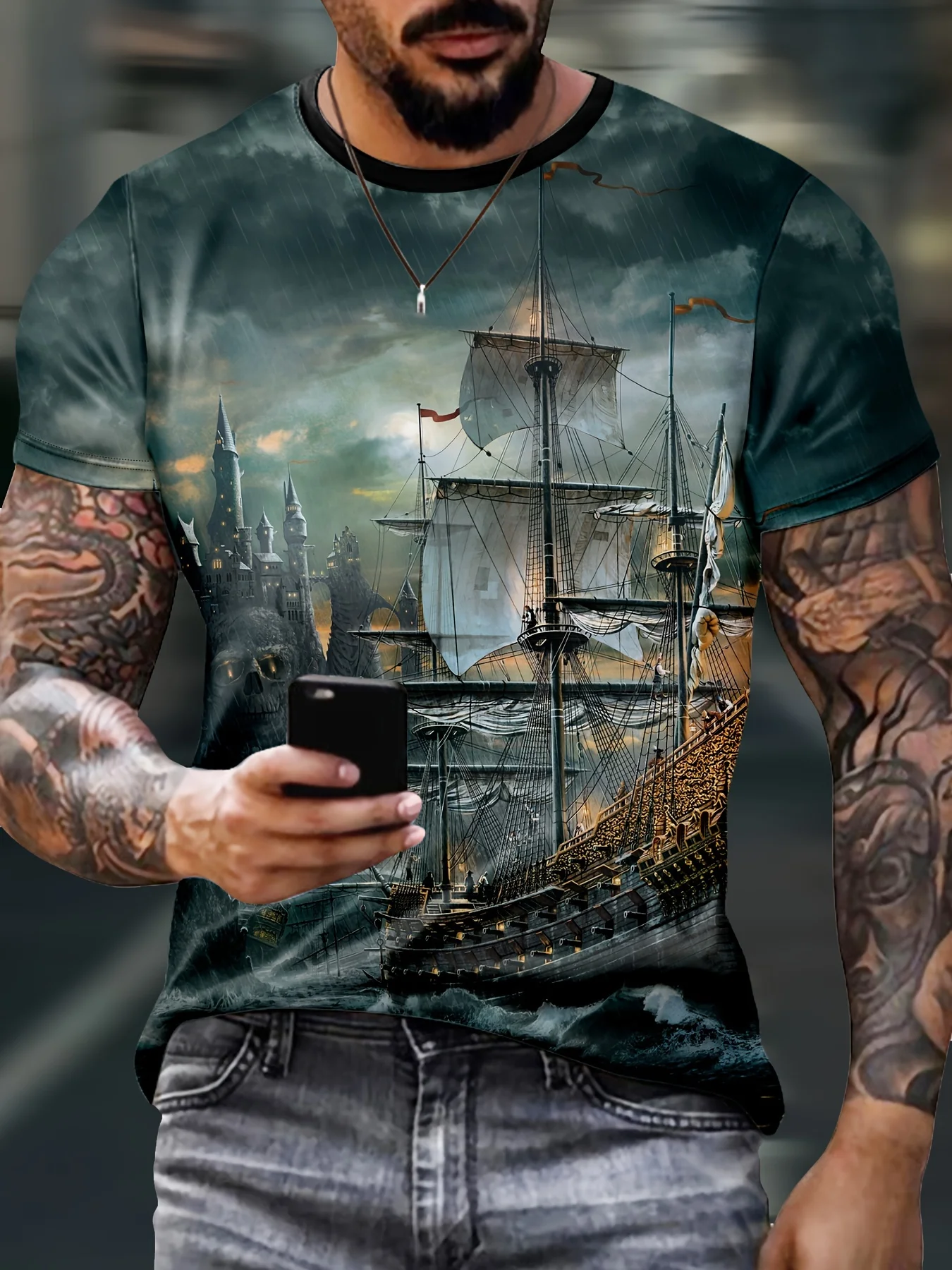 Men's Ship Print T-shirt Casual Short Sleeve Crew Neck Tee Men's Clothing For Outdoor Soft Slight Stretch Polyester Blend Fabric