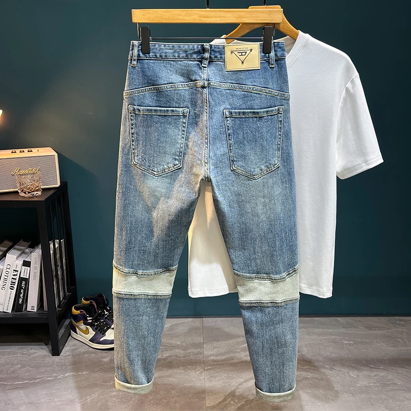 

TC3089 American tide brand jeans men's splicing patch Slim small straight leg pants heavy embroidery plump handsome personality
