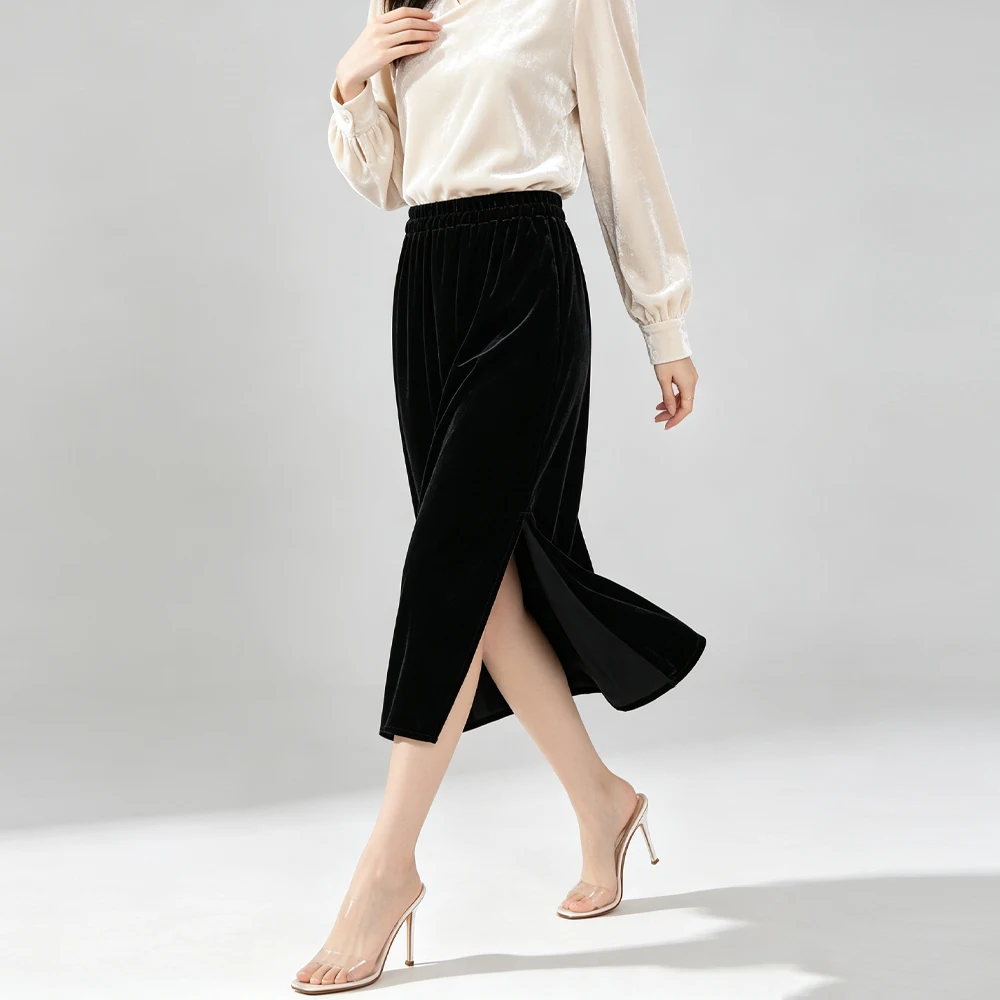 2026 Women's Autumn Clothing Extremely Simple Style Black 30% Natural Mulberry Silk Velvet High Waist Straight Tube Skirt