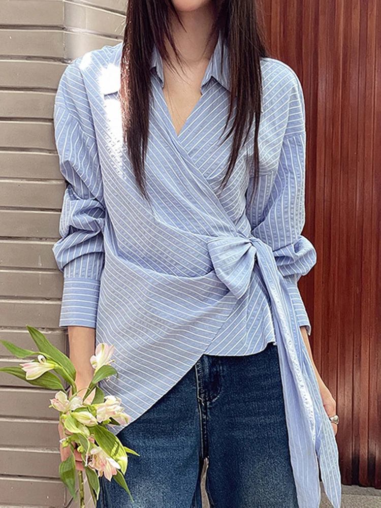 YERMORA Blue Striped Irregular Bandage Casual Blouse For Women Lapel Long Sleeve Loose New Shirt Fashion Tide Spring Autumn 2025