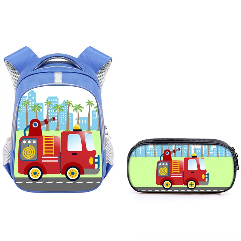 Cute Excavator Bulldozer Fire Truck Backpack Kids 2pcs Set School Bags Daypack Baby Kindergarten Pencil Case Book Bag Gift