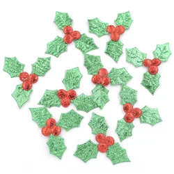 60Pcs Glitter Green Holly Leaf and Red Berry Cloth Applique for Christmas Decoration, Table Decoration, Stick-on Accessories