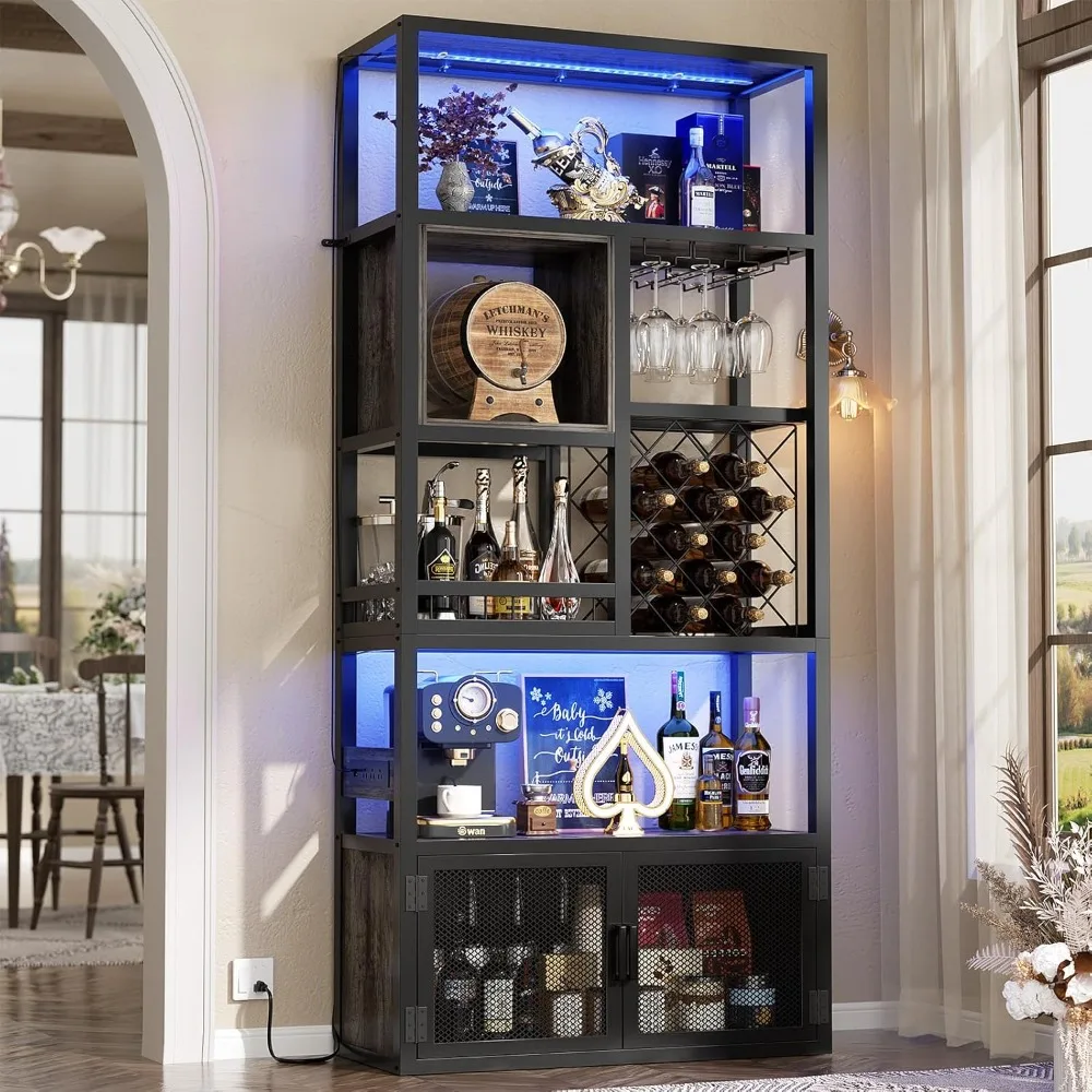 

82.6" Tall Bar Cabinet with Power Outlets, 6-Tiers Reversible Wine Cabinet with LED Lights, Glass Holder & Wine, Customized