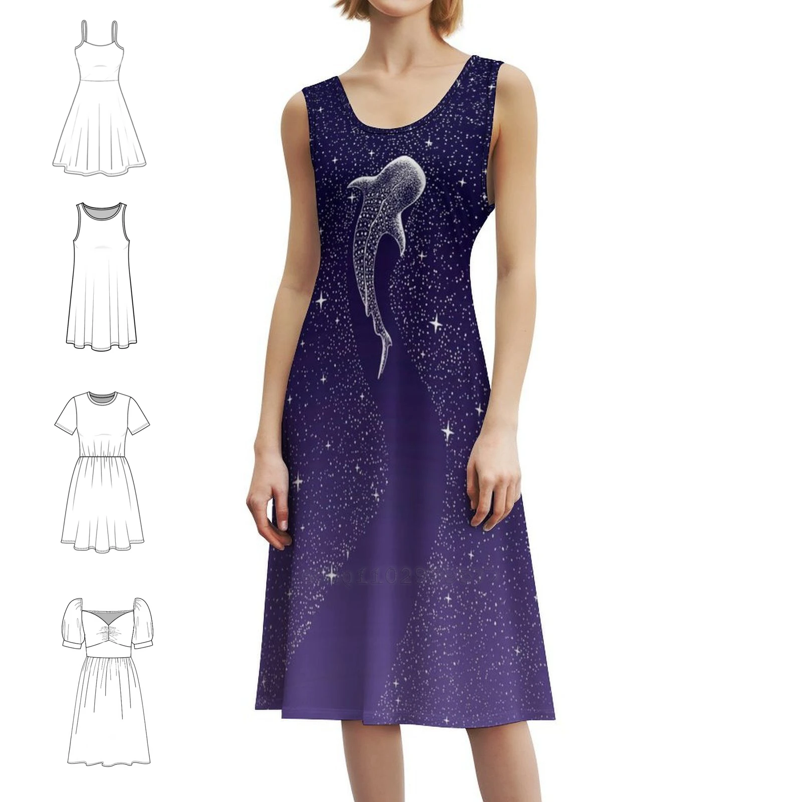 فستان قصير من Star Eater-Space من الأزرق الداكن إلى الأرجواني على طراز Preppy للنساء على شكل حرف a فضفاض مناسب فستان يوم غير رسمي على شكل قرش الحوت #1