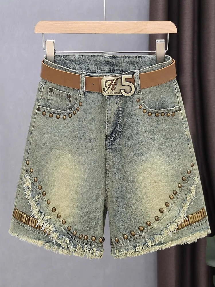 

Fashion Rivets Splicing Denim Shorts Women Vintage Tassel Trouser Legs Three Quarter Pants Summer Casual Jeans Female Streetwear