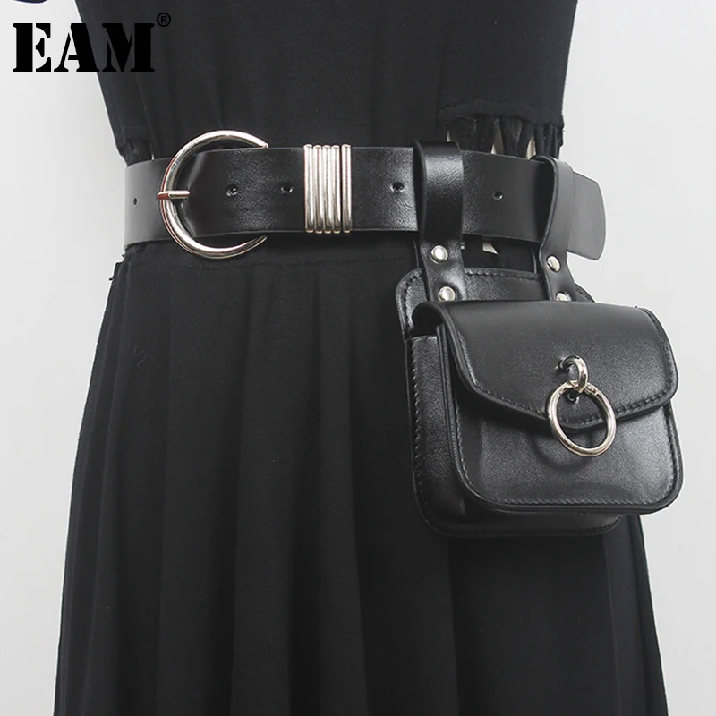 [EAM]  Pu Leather Black Mini-bag Metal Buckle Long Wide Belt Personality Women New Fashion All-match Spring Autumn 2024 1DE7007