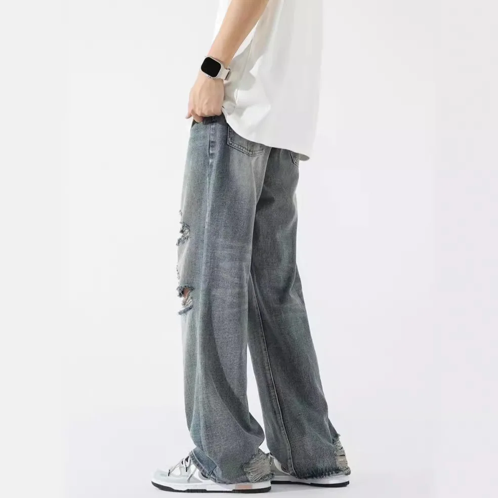 

Summer tide retro nostalgia grinding white draping sense of wide-legged micro jeans men's straight hole casual trousers trend