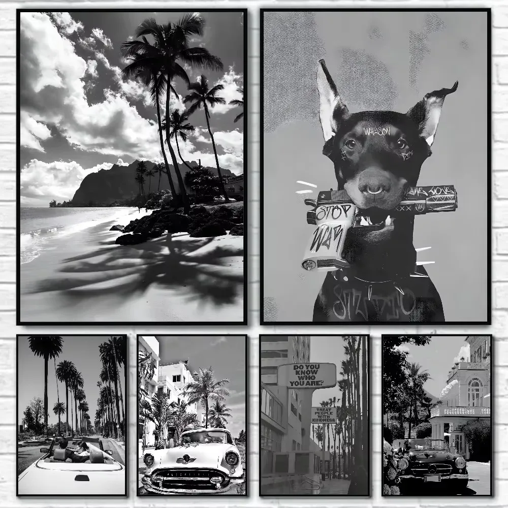 Paisaje De playa De palmera en blanco y negro, fotografía, impresión en lienzo, lindo leopardo, Animal, arte De pared, póster, sala De estar, hogar